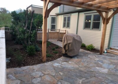 Beautiful Stone Patio, Bench and Pergola Pergola, Lawn Sprinklers, Drip System